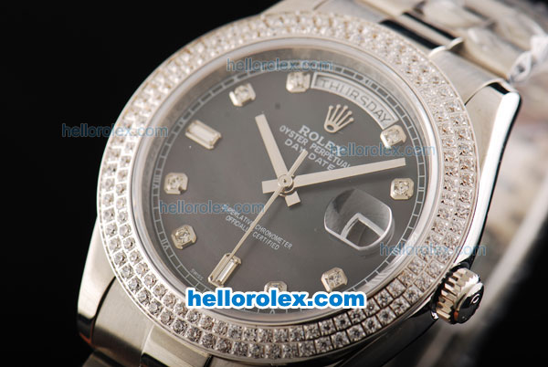 Rolex Day Date II Automatic Movement Full Steel with Double Row Diamond Bezel-Diamond Markers and Black MOP Dial - Click Image to Close